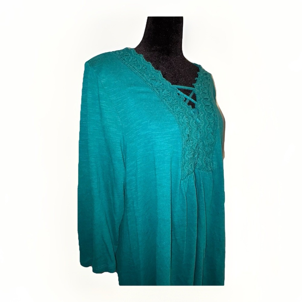 Chico's Lace Crocheted V-Neckline Tunic 3/4 Sleeve Womens Size Large Turquoise - Picture 2 of 5